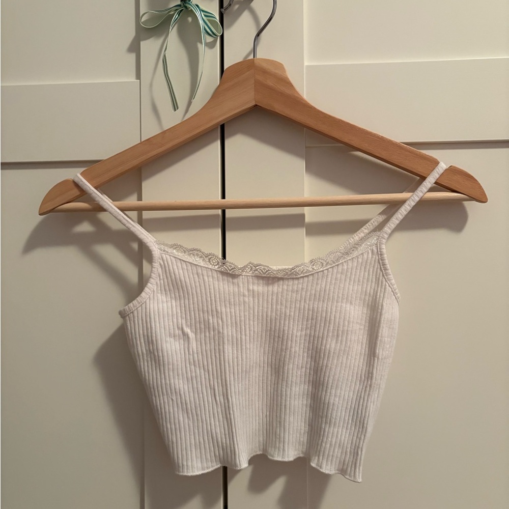 White Ribbed Lace Trim Cami Top